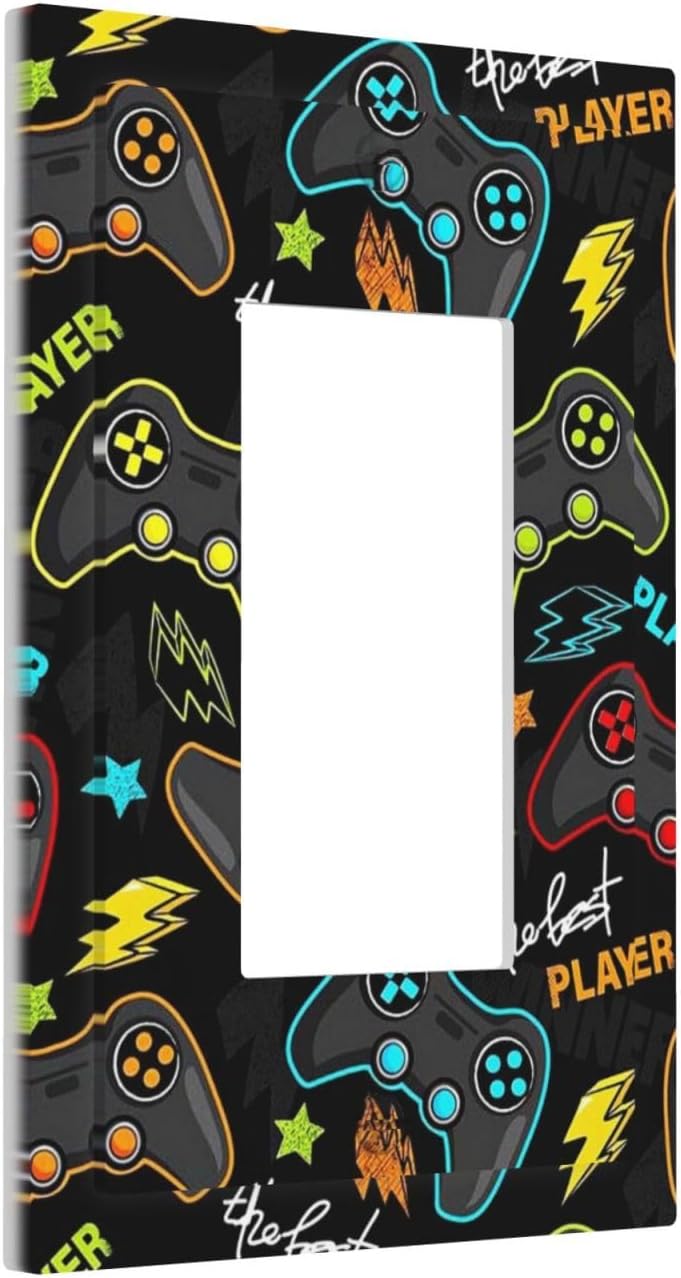 IOFNG 1 Gang Electrical Decora/GFCI Device Wallplate Fun Graffiti Video Game Controller Gaming Gamer Teen Kids Boys Gamepad Single Decorator Rocker Outlet Light Switch Cover Electrical Faceplate Dimmer - Image 2